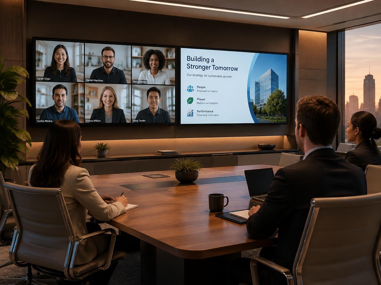 Meeting room with a hybrid video conference on the wall display